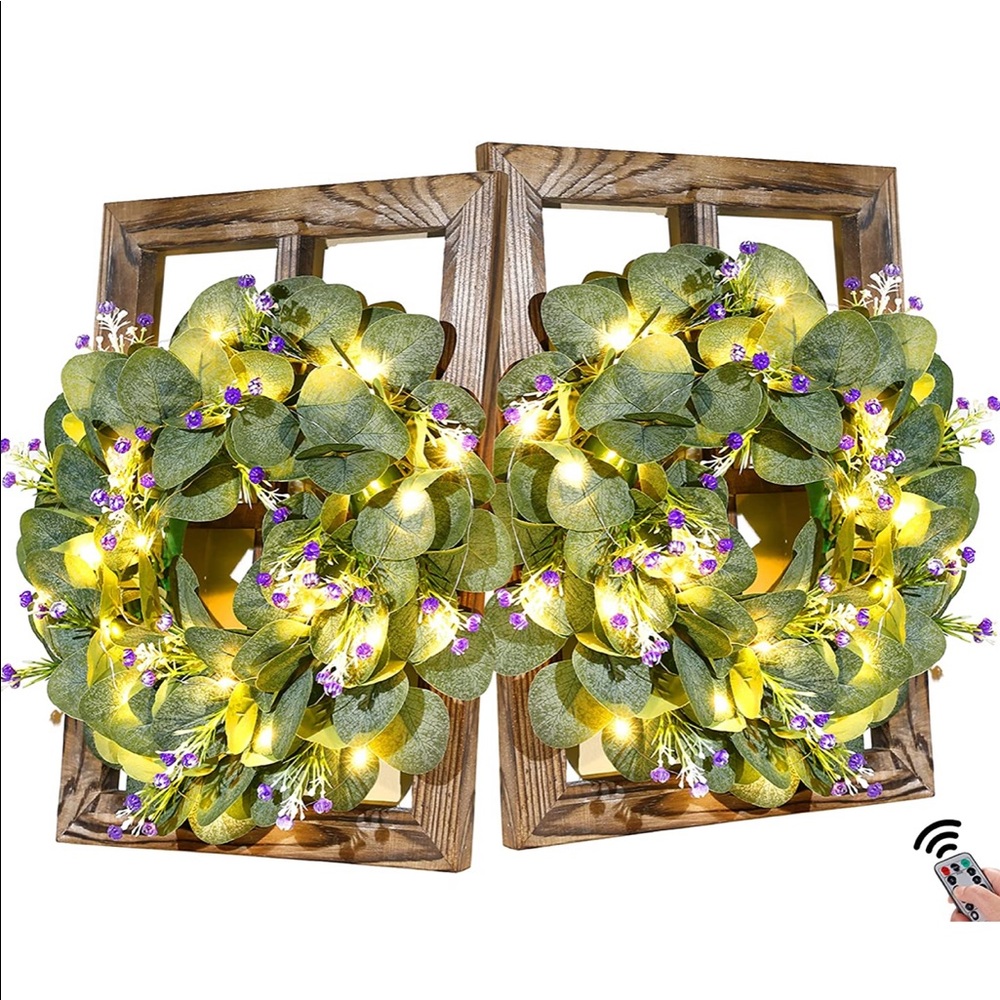 Rustic Home Wall Decor Entryway Decor Window Frame with Eucalyptus Wreaths. New